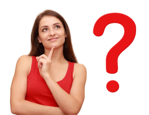 Thinking girl looking up with red question sign near her